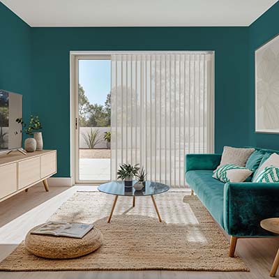 allusion blind natural pearl design in a teal lounge
