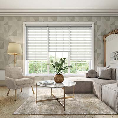lustre silver night and day blinds in a bright stylish lounge
