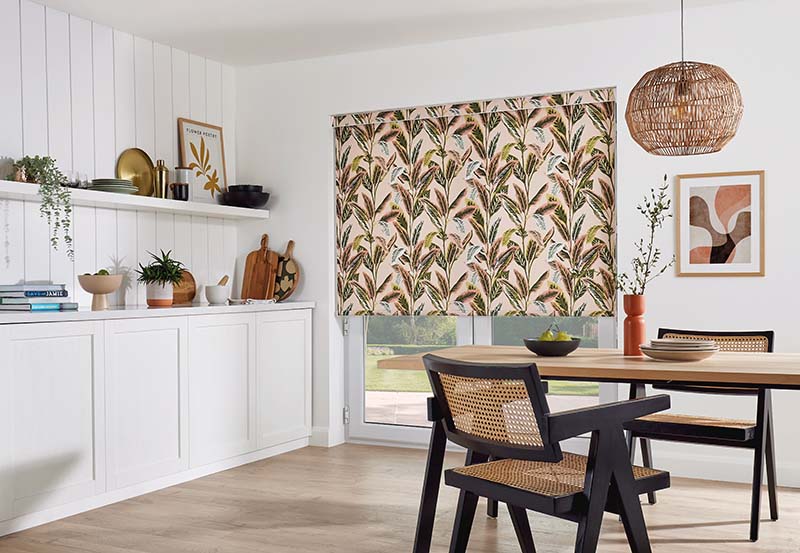 roller blind in Dorset kitchen in tropical palm fiesta fabric