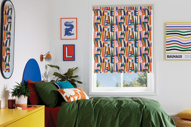 kaleidoscope roller blind geometric fabric in kids bedroom
