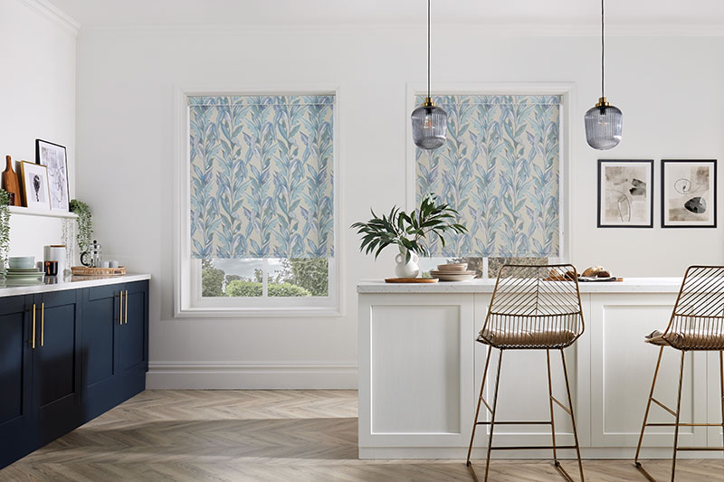 kitchen roller blinds paradise palm blue cassetted top finish
