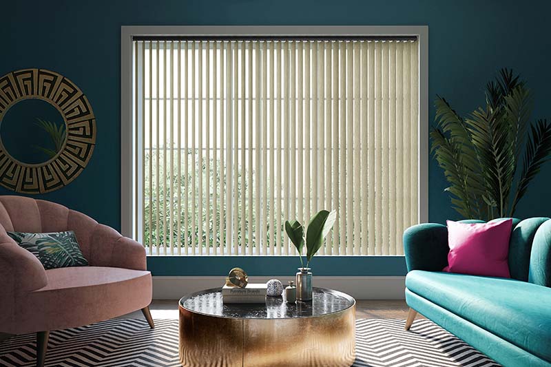 stunning modern living room with vertical blinds in radiance metallic bronze