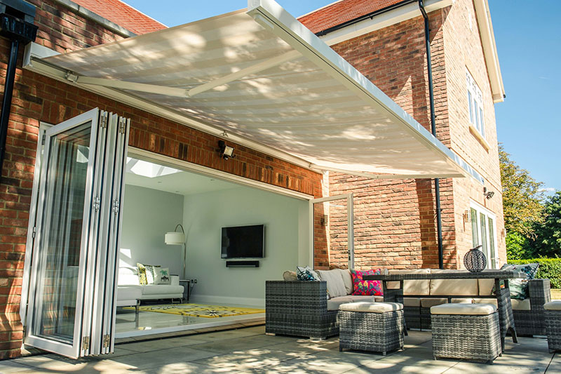 patio awning in cream and white stripe fabric cuba design